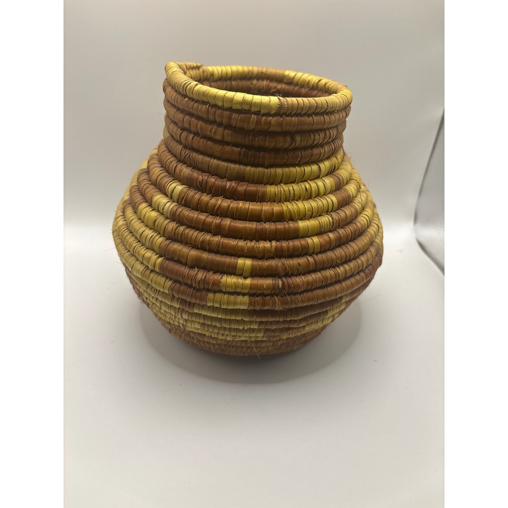 Handmade Coiled Woven Basket Vase Two Tone Natural Yellow Boho Decorative Vessel